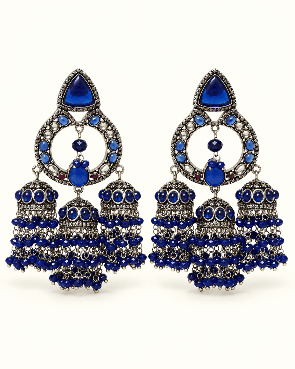 Triple Jhumka Chandbali Earrings with Bead Tassels