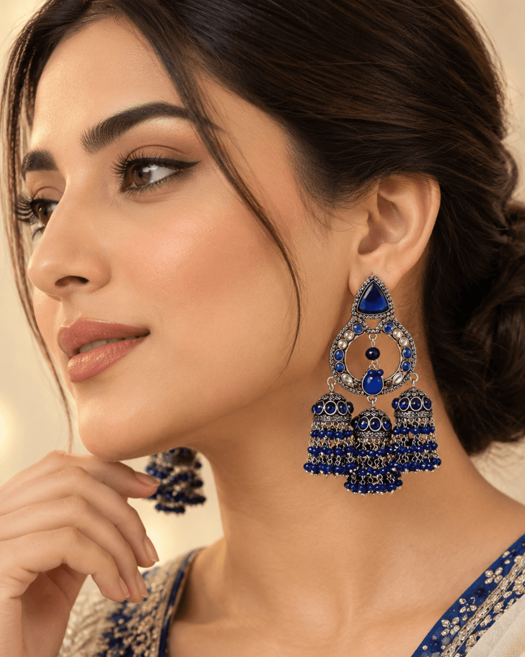 Triple Jhumka Chandbali Earrings with Bead Tassels