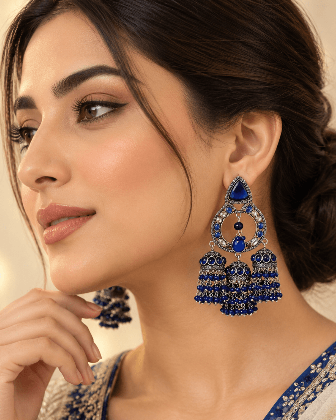 Triple Jhumka Chandbali Earrings with Bead Tassels