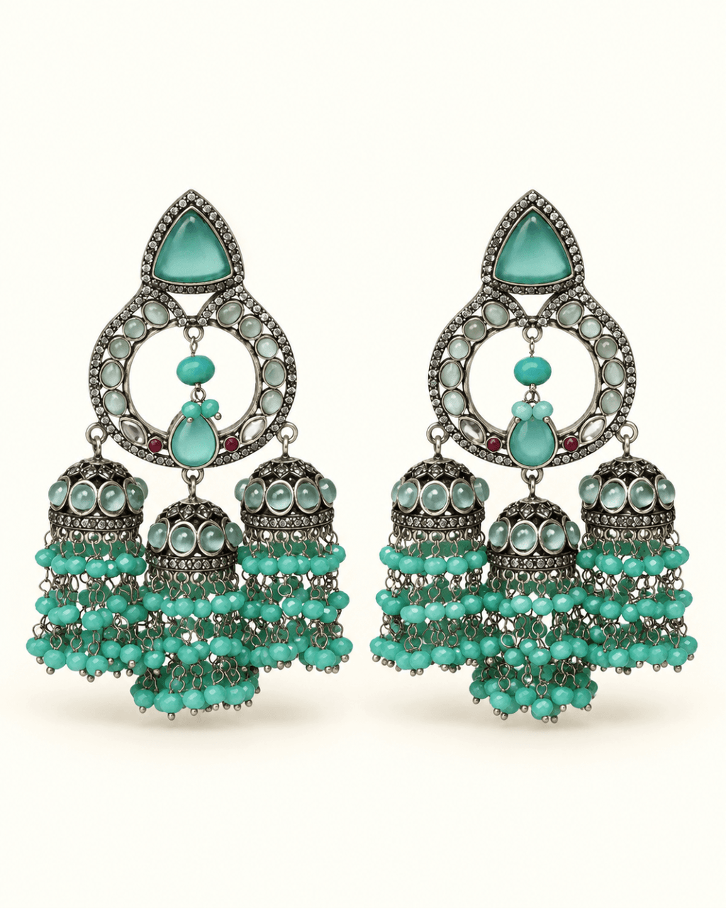 Triple Jhumka Chandbali Earrings with Bead Tassels