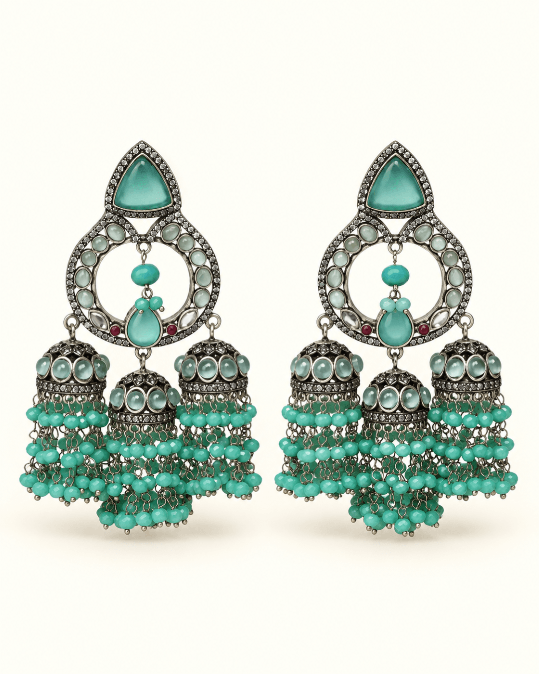 Triple Jhumka Chandbali Earrings with Bead Tassels