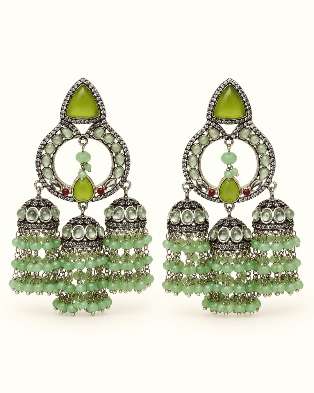 Triple Jhumka Chandbali Earrings with Bead Tassels