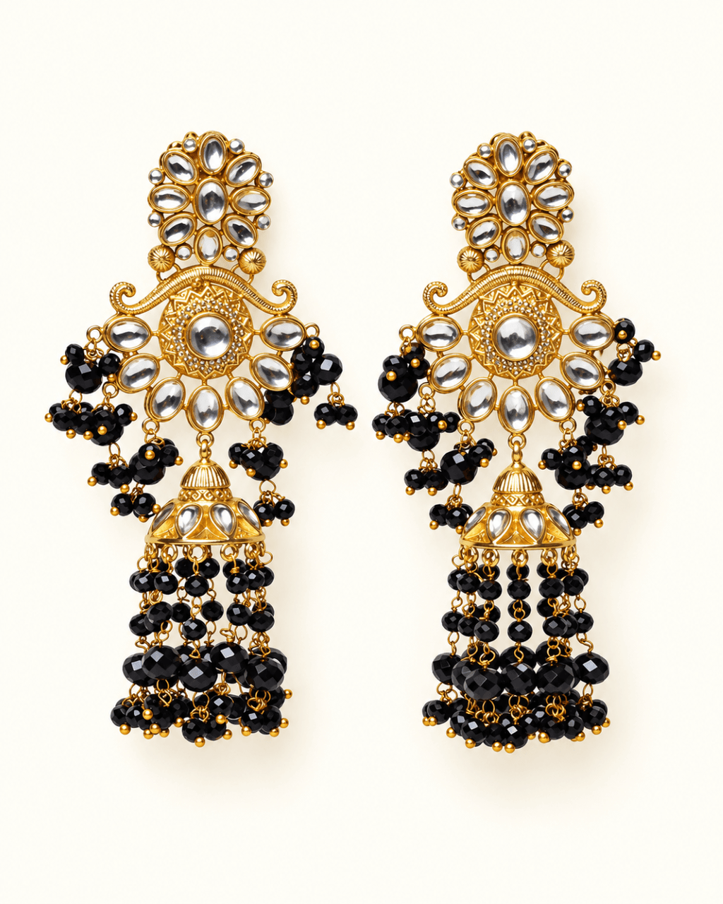 Floral Kundan-Style Jhumka Earrings with Bead Tassels