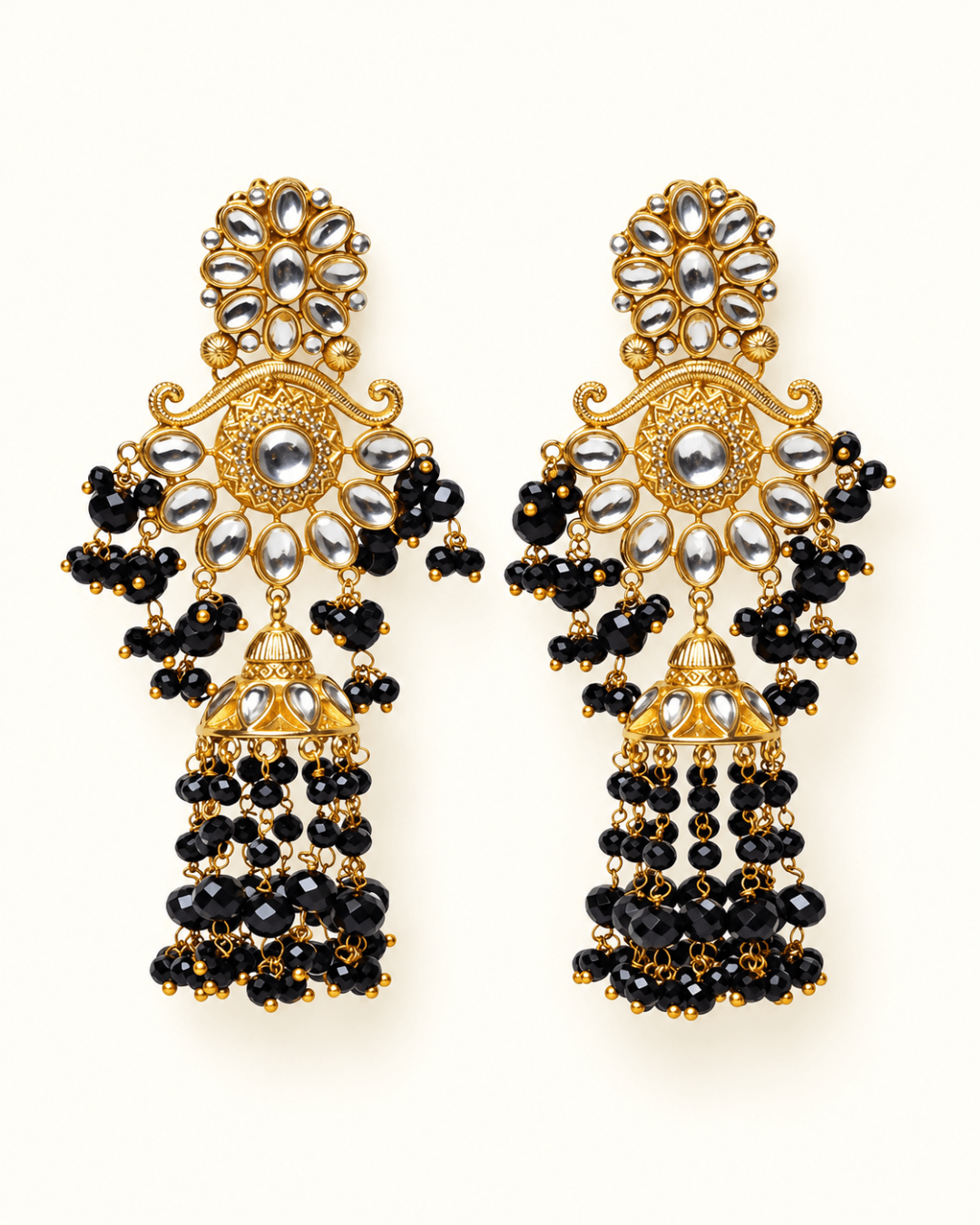 Floral Kundan-Style Jhumka Earrings with Bead Tassels