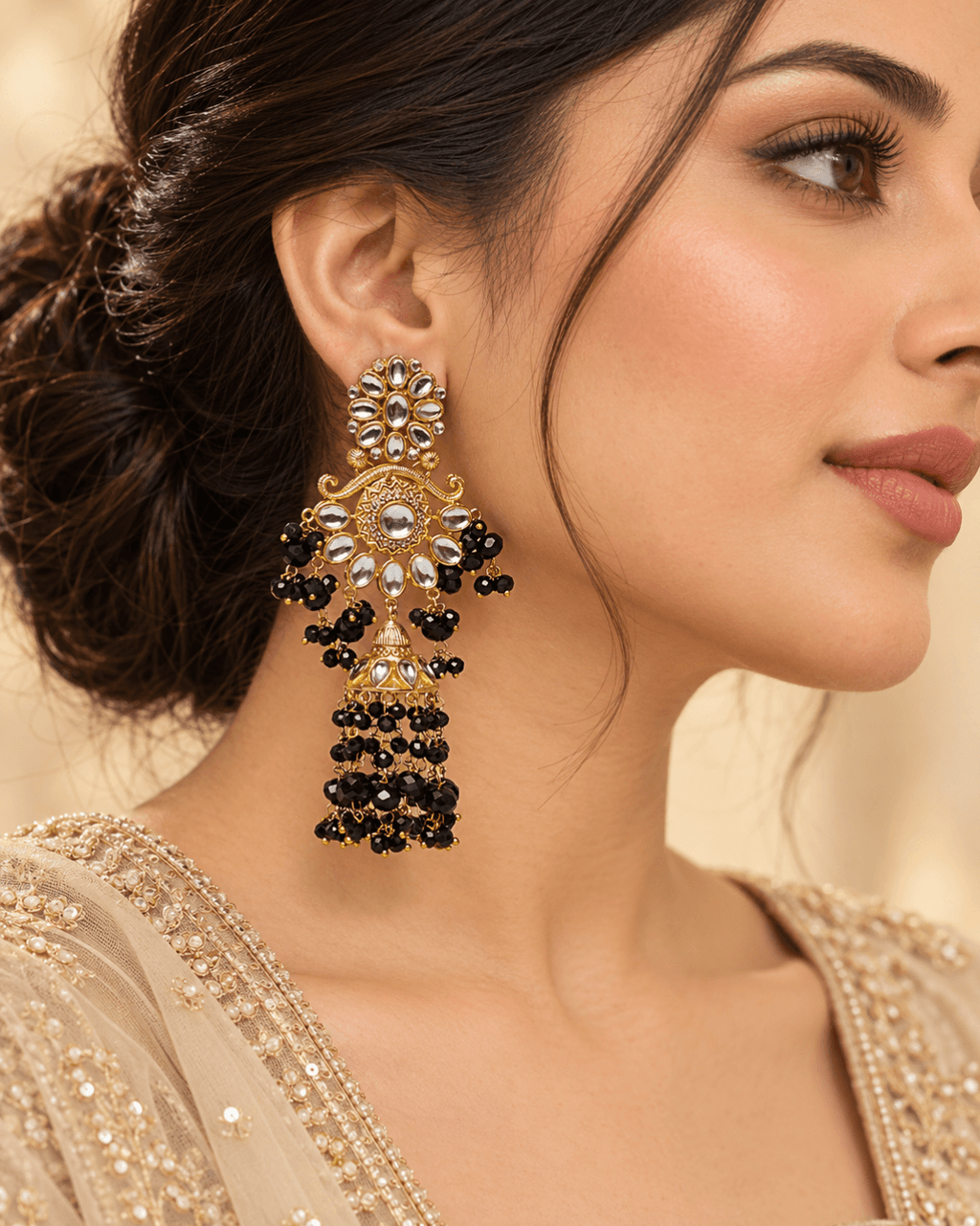 Floral Kundan-Style Jhumka Earrings with Bead Tassels