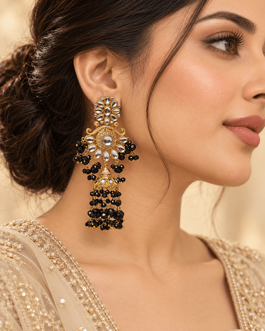 Floral Kundan-Style Jhumka Earrings with Bead Tassels