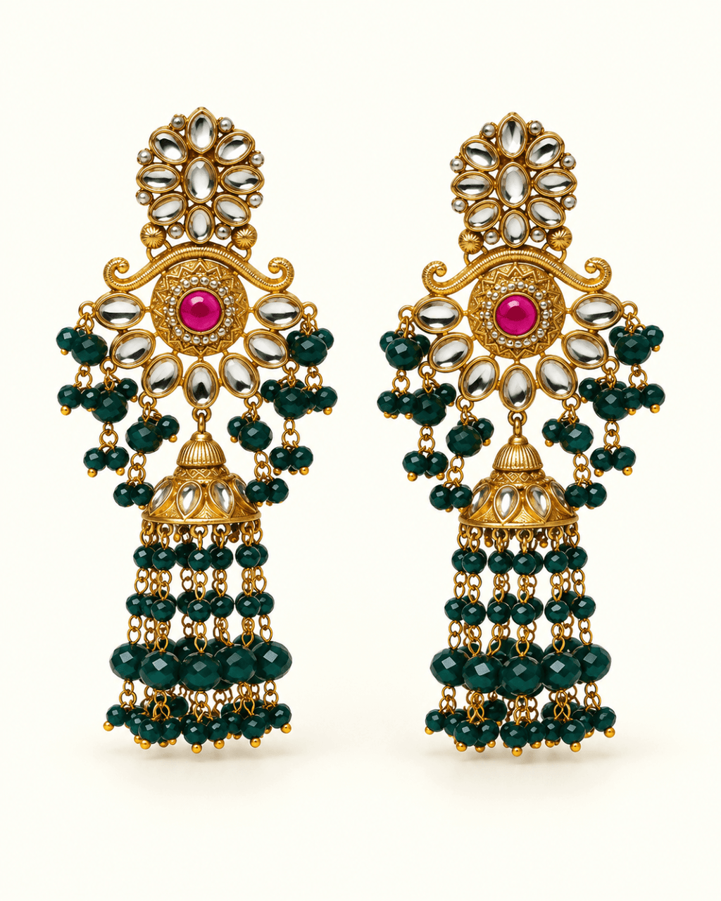 Floral Kundan-Style Jhumka Earrings with Bead Tassels