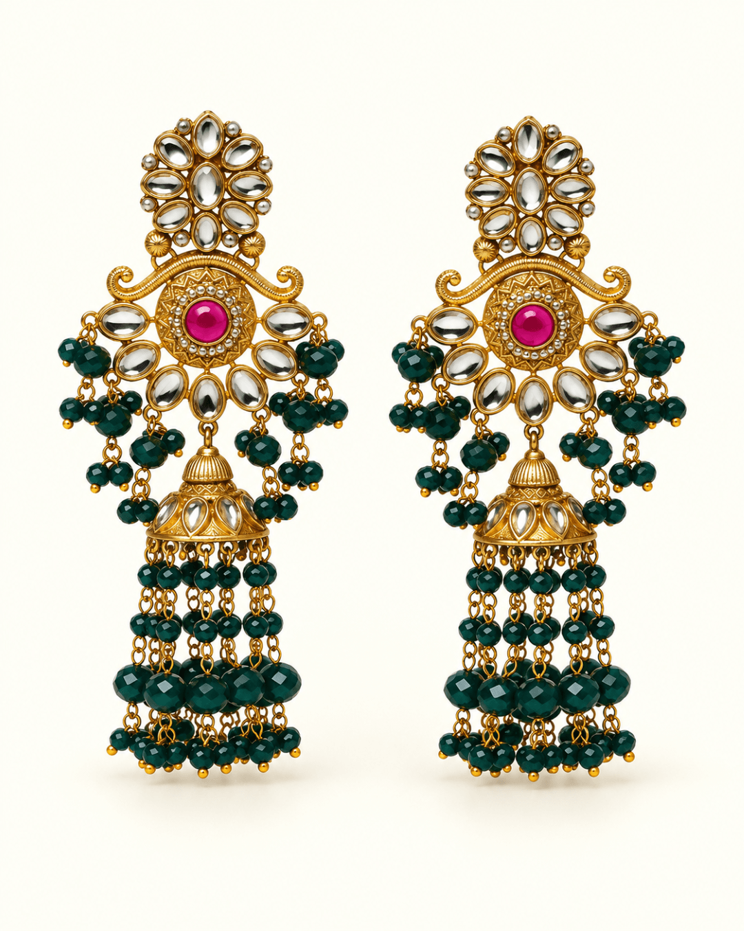 Floral Kundan-Style Jhumka Earrings with Bead Tassels