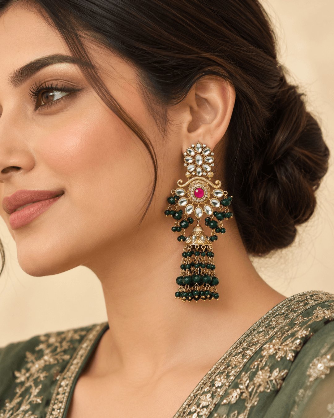 Floral Kundan-Style Jhumka Earrings with Bead Tassels