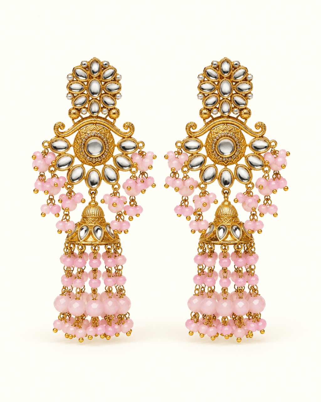 Floral Kundan-Style Jhumka Earrings with Bead Tassels