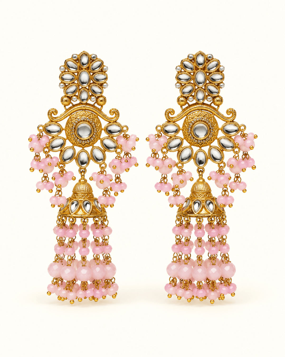 Floral Kundan-Style Jhumka Earrings with Bead Tassels