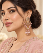 Floral Kundan-Style Jhumka Earrings with Bead Tassels