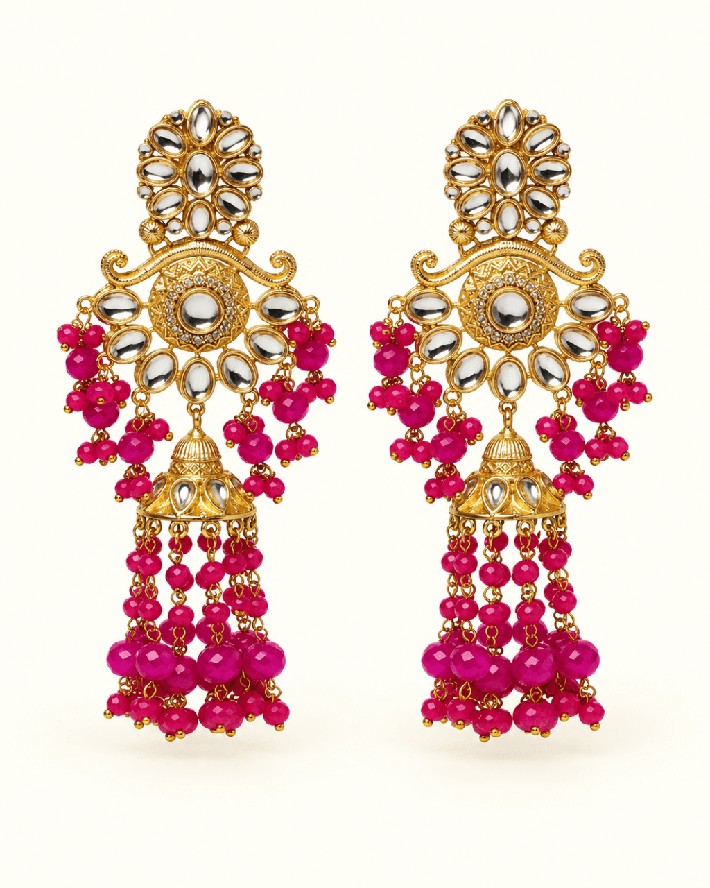 Floral Kundan-Style Jhumka Earrings with Bead Tassels