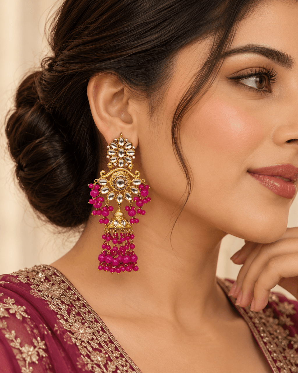 Floral Kundan-Style Jhumka Earrings with Bead Tassels