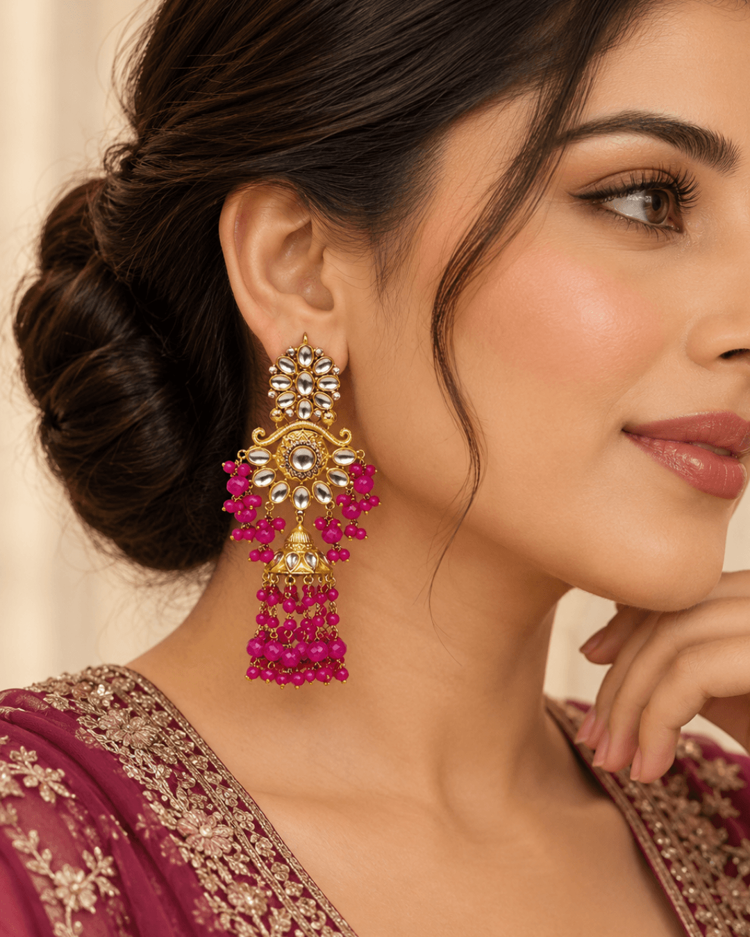 Floral Kundan-Style Jhumka Earrings with Bead Tassels
