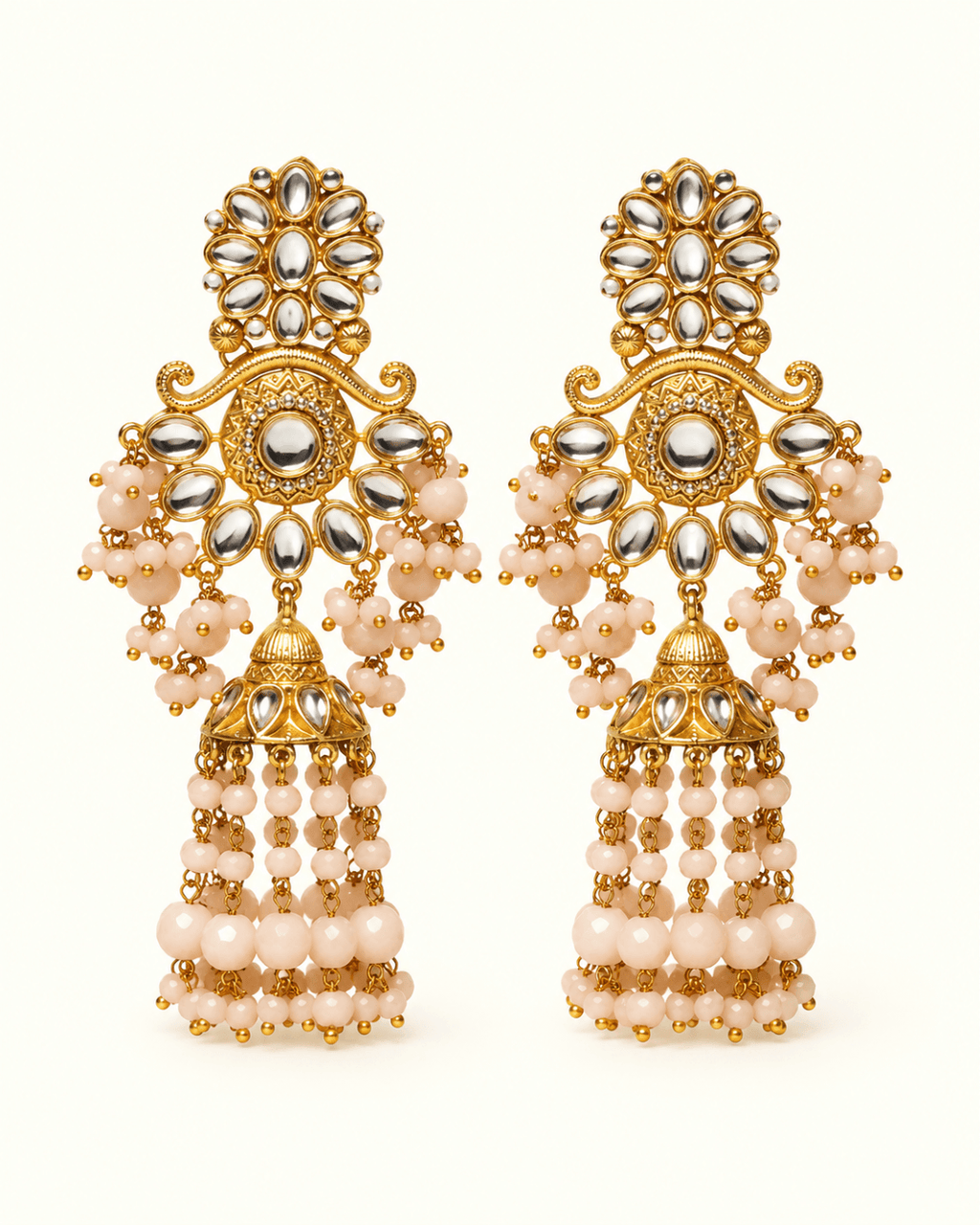 Floral Kundan-Style Jhumka Earrings with Bead Tassels