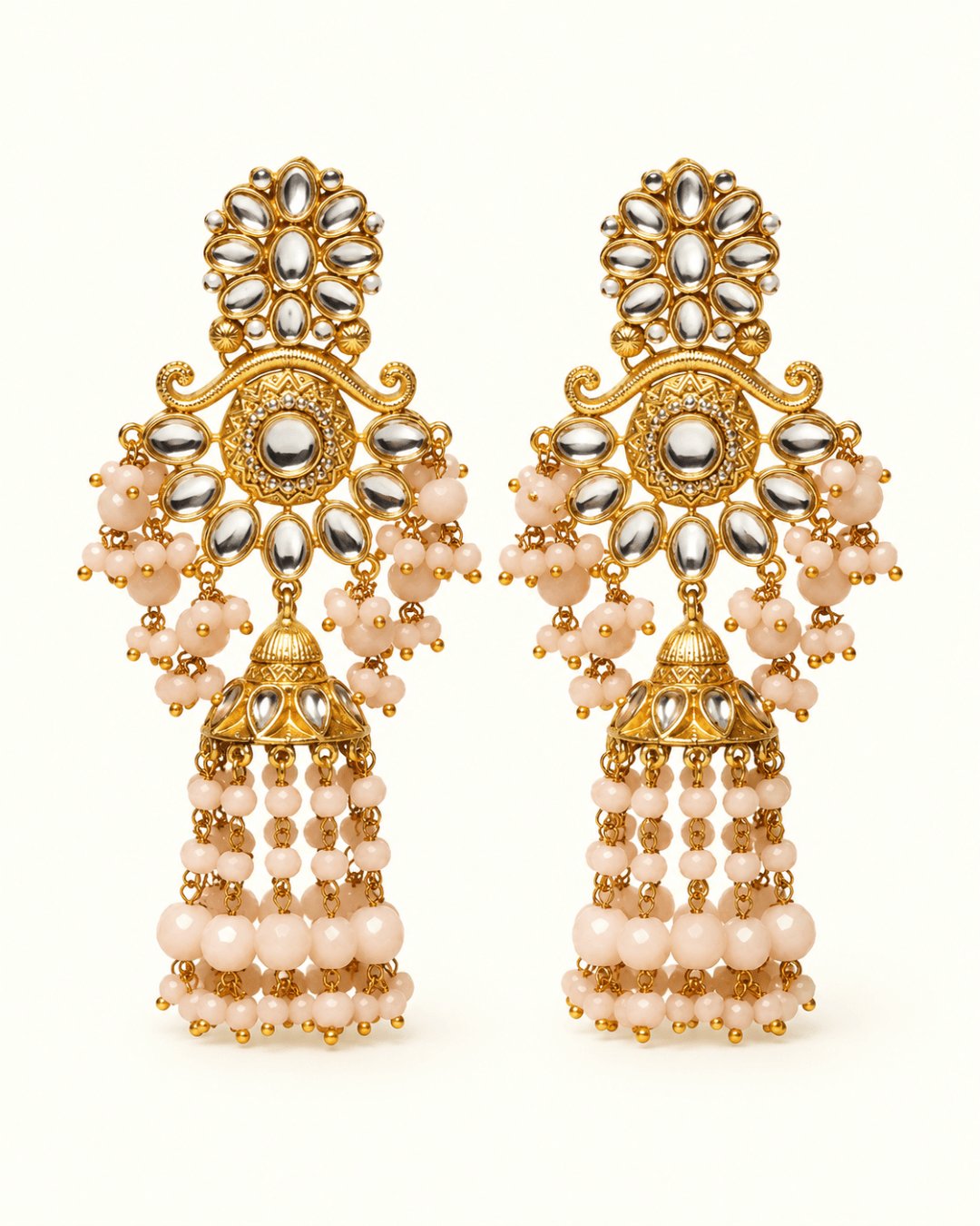 Floral Kundan-Style Jhumka Earrings with Bead Tassels