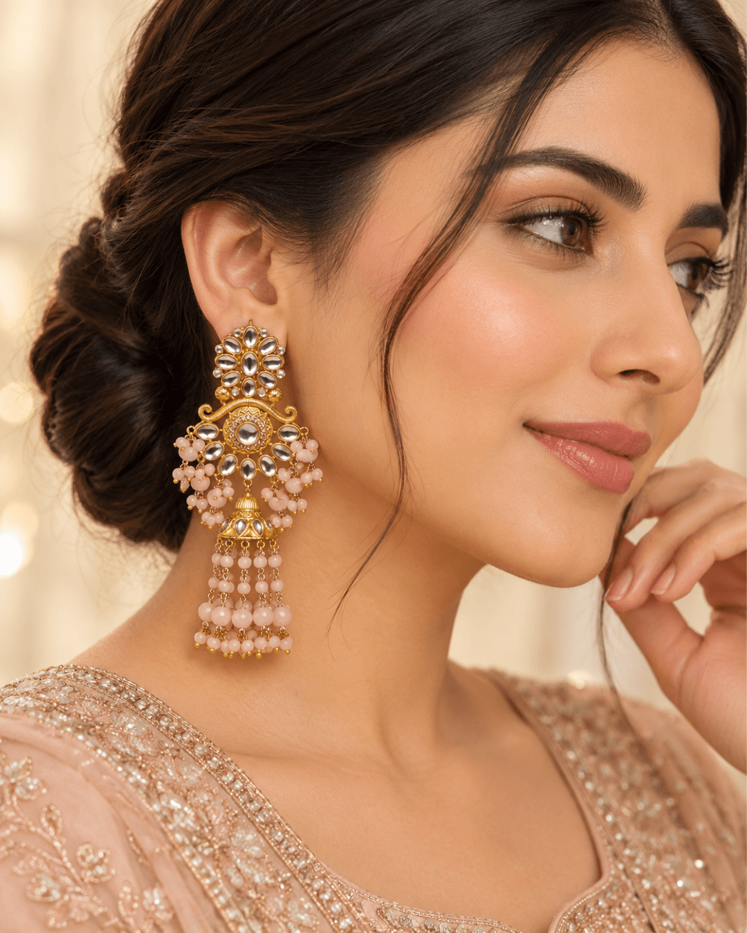 Floral Kundan-Style Jhumka Earrings with Bead Tassels