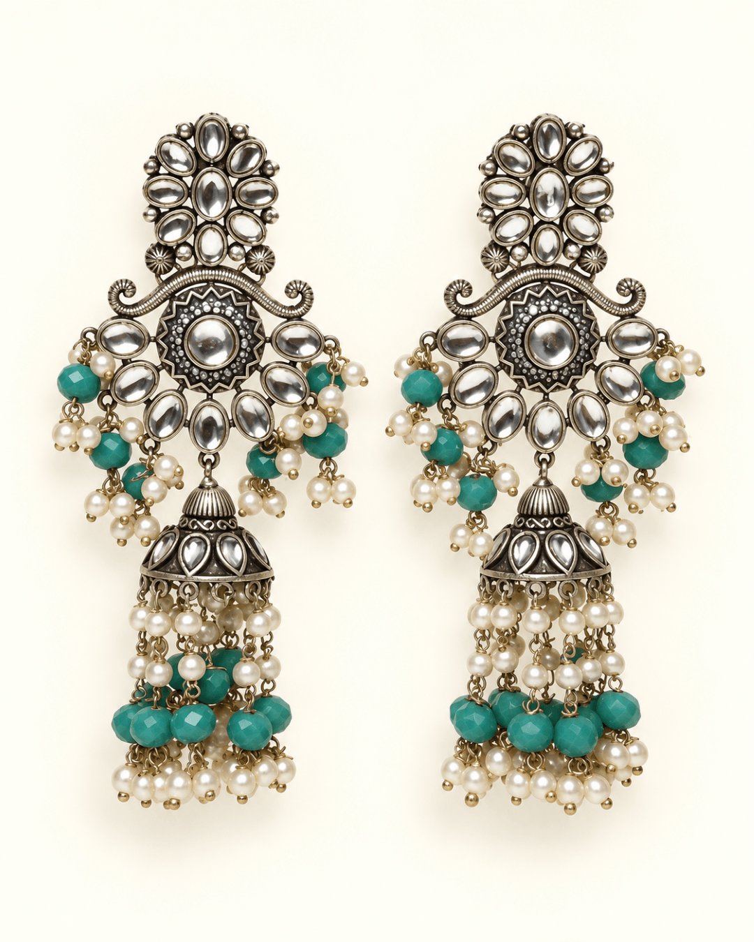 Floral Kundan-Style Jhumka Earrings with Bead Tassels