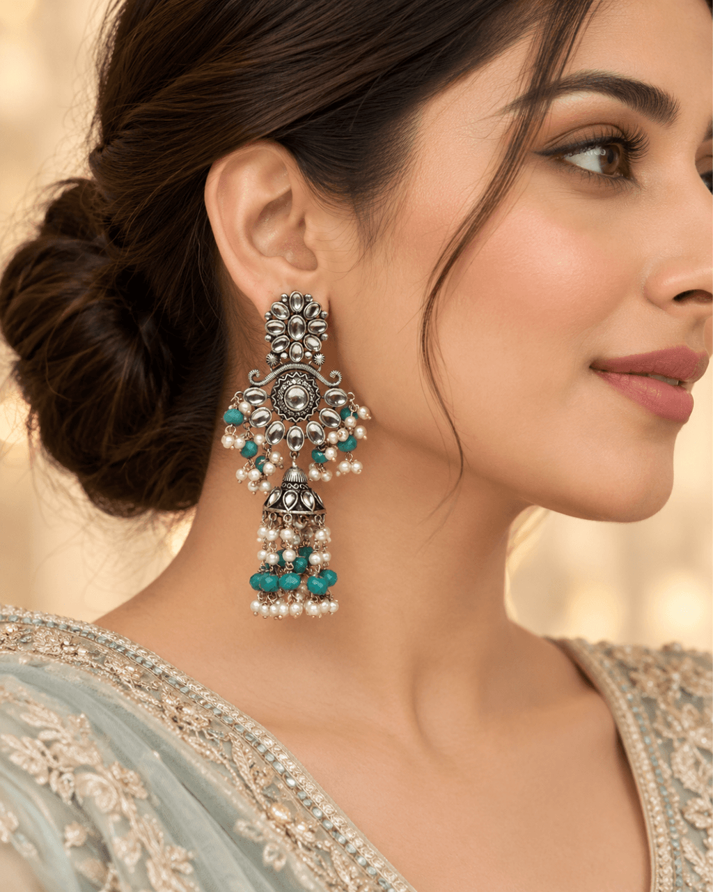 Floral Kundan-Style Jhumka Earrings with Bead Tassels