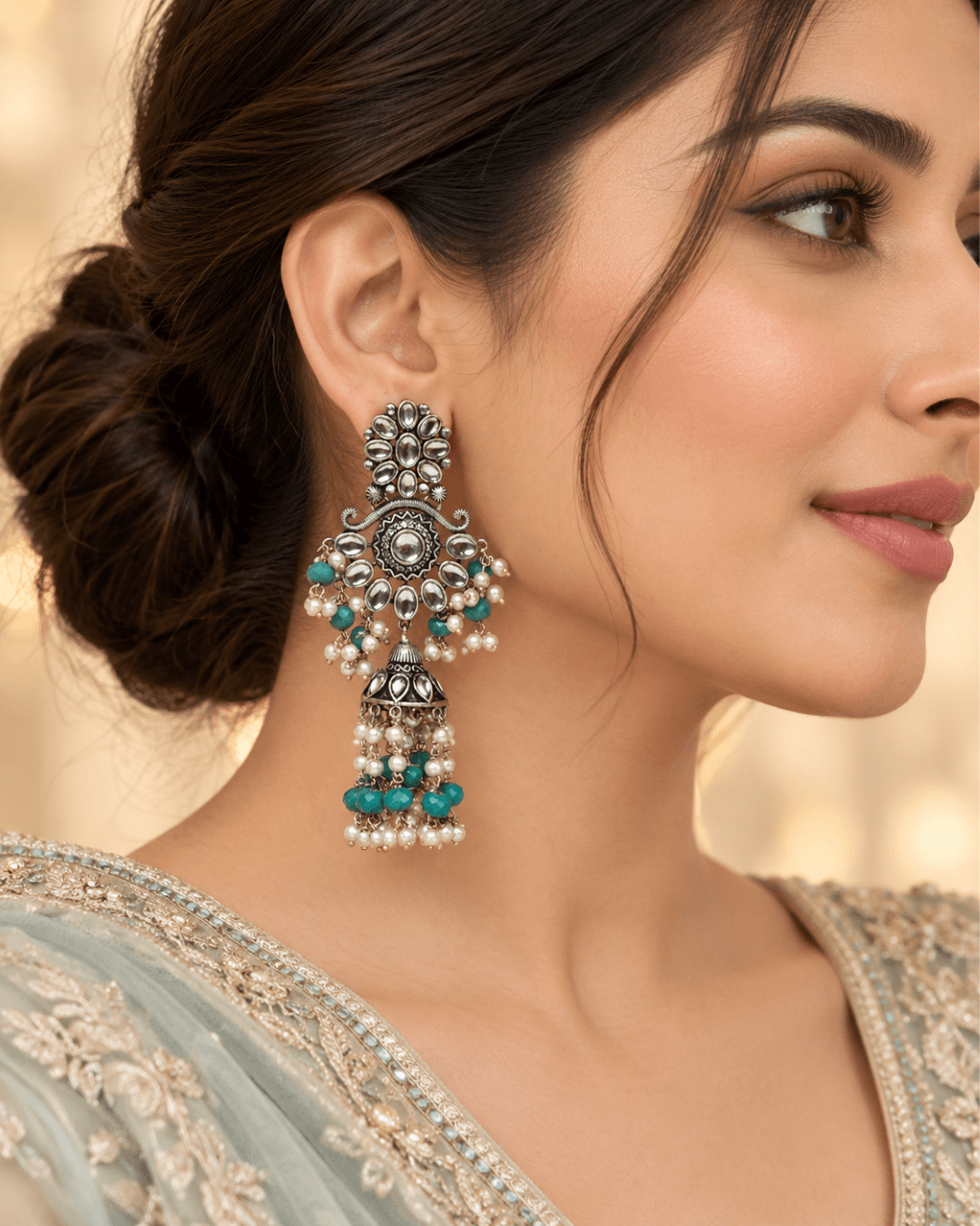 Floral Kundan-Style Jhumka Earrings with Bead Tassels