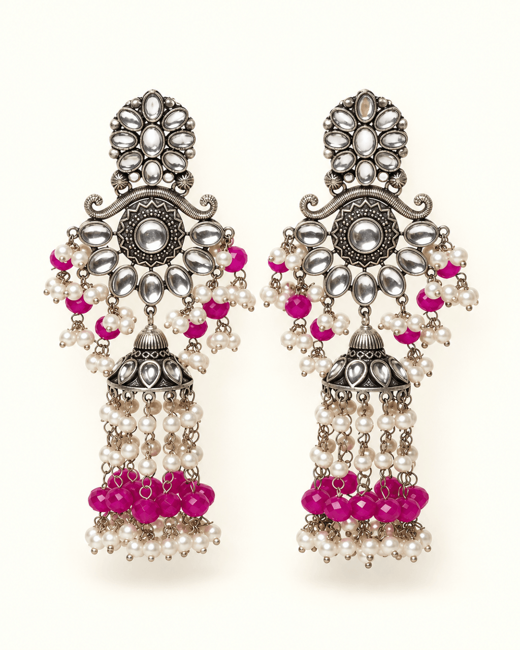 Floral Kundan-Style Jhumka Earrings with Bead Tassels