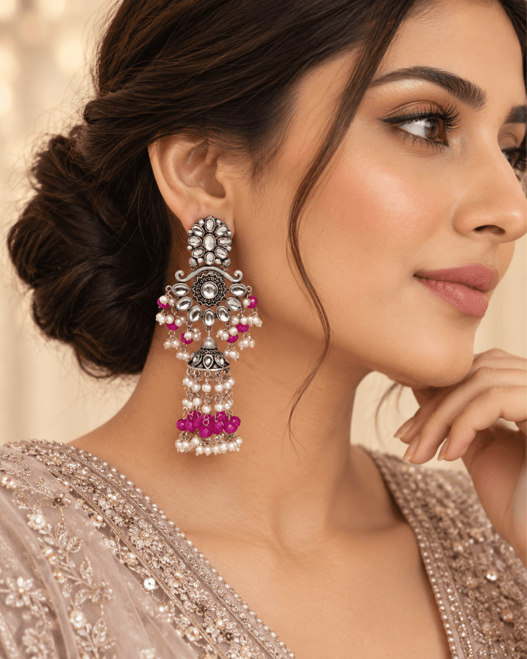 Floral Kundan-Style Jhumka Earrings with Bead Tassels