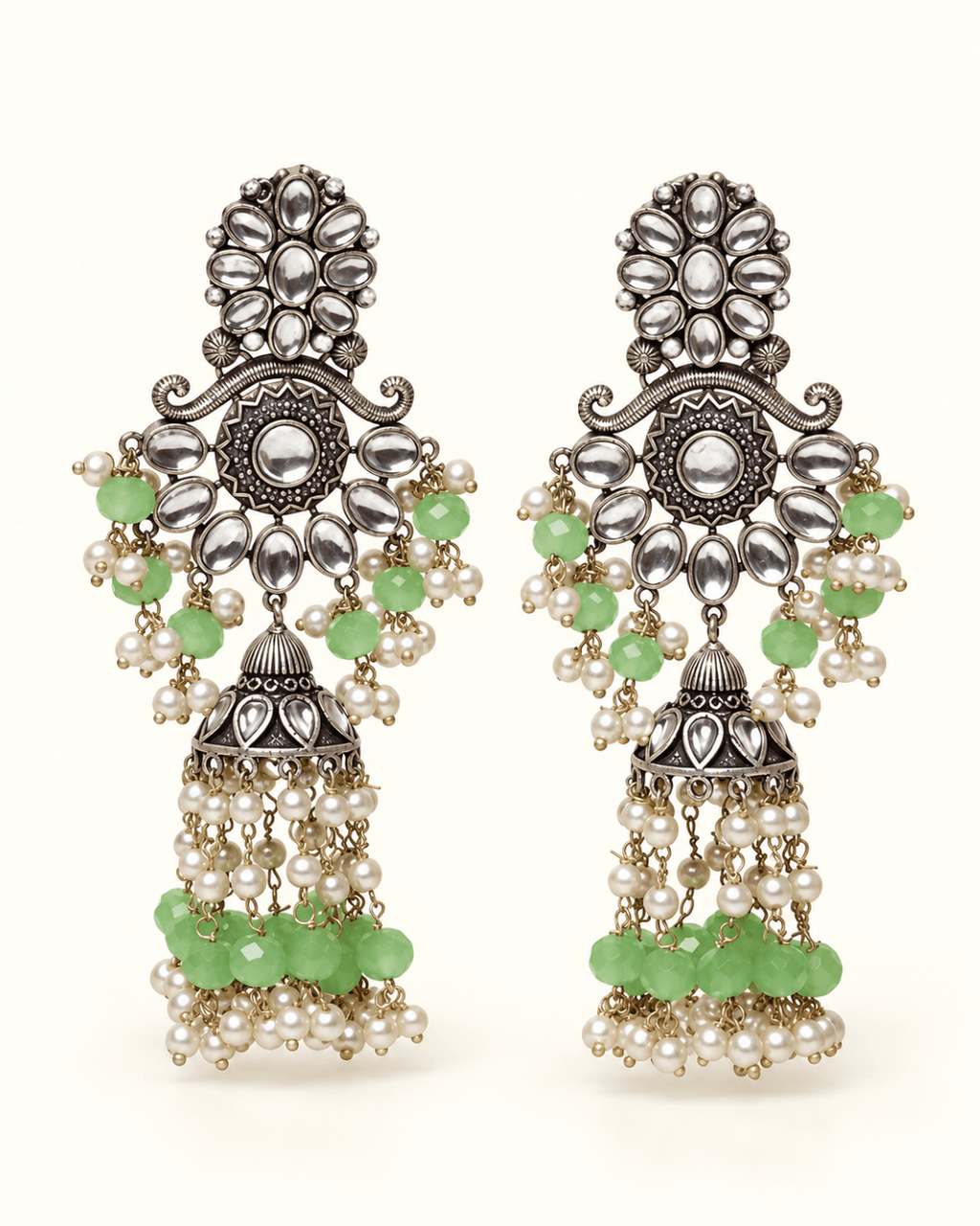 Floral Kundan-Style Jhumka Earrings with Bead Tassels