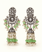 Floral Kundan-Style Jhumka Earrings with Bead Tassels