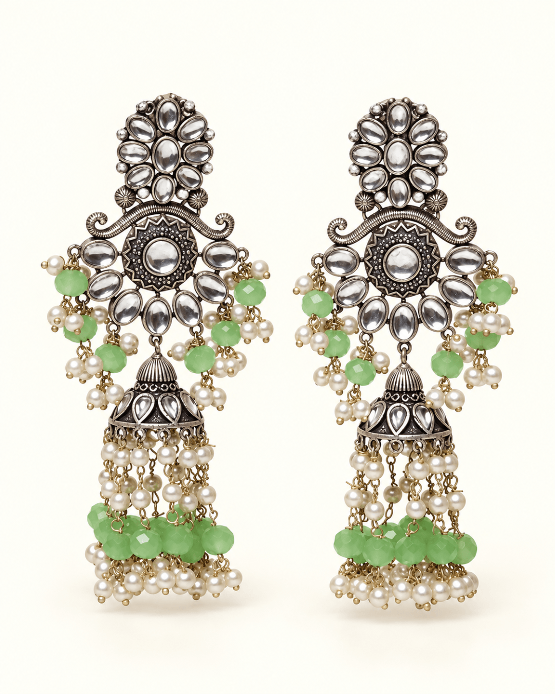 Floral Kundan-Style Jhumka Earrings with Bead Tassels