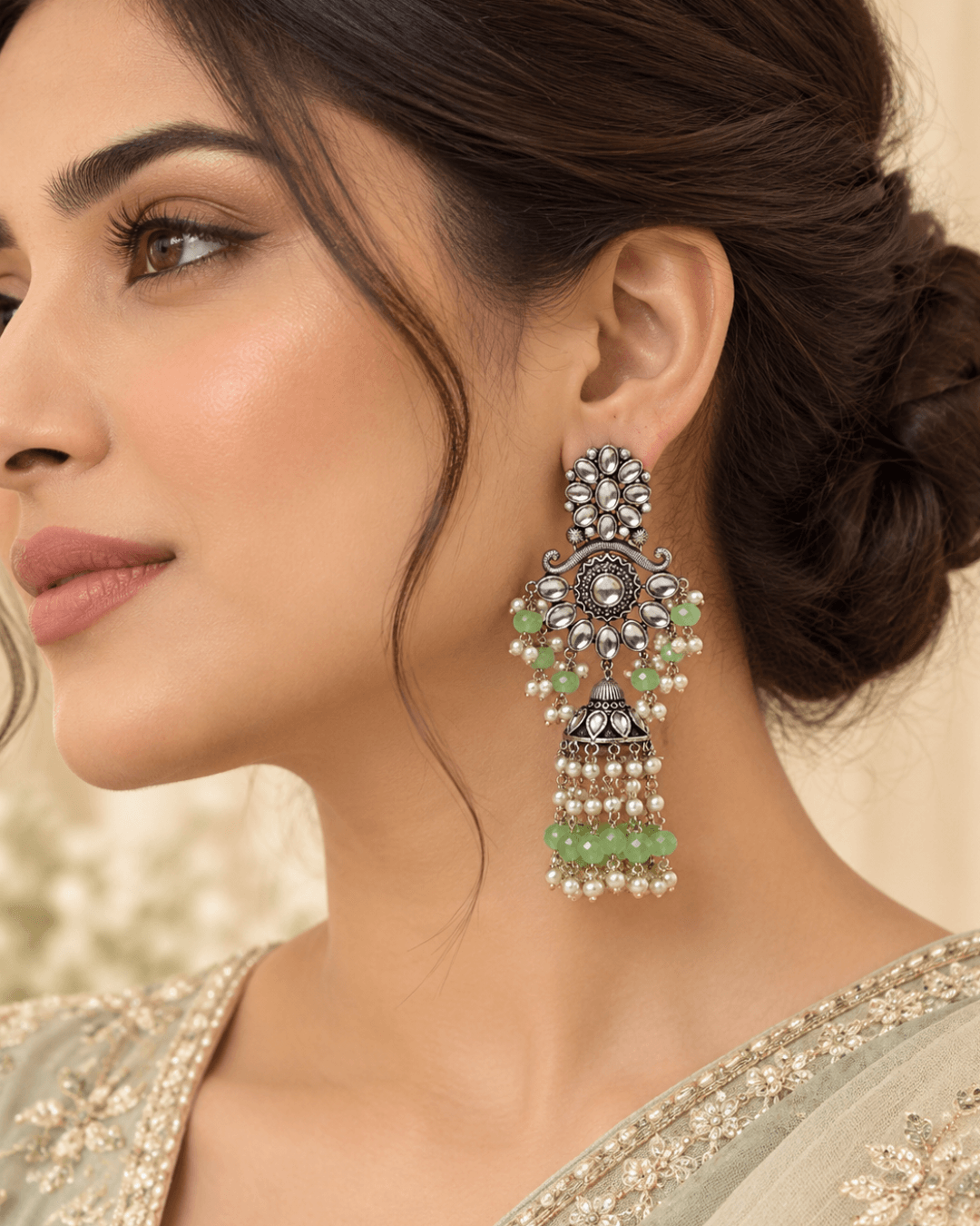 Floral Kundan-Style Jhumka Earrings with Bead Tassels