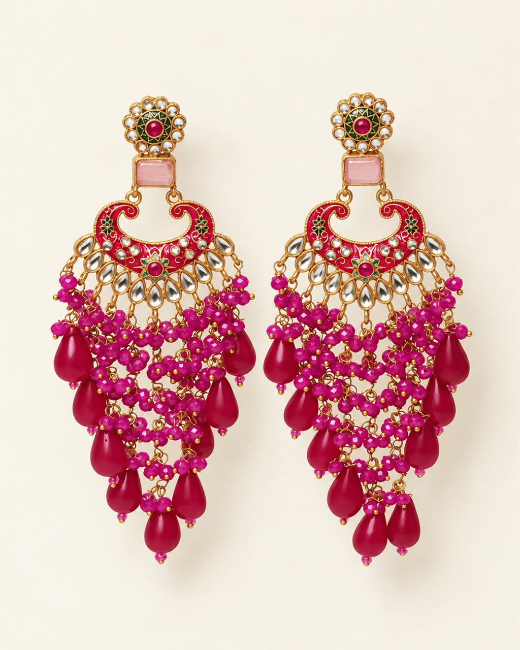 Traditional Kundan-Style Chandbali Earrings with Bead Tassels