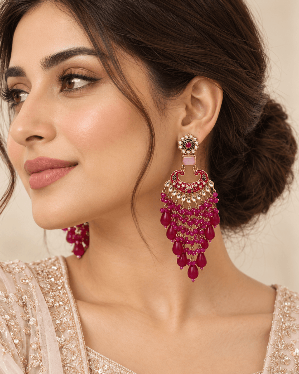 Traditional Kundan-Style Chandbali Earrings with Bead Tassels