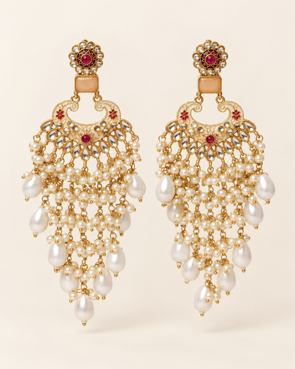 Traditional Kundan-Style Chandbali Earrings with Bead Tassels