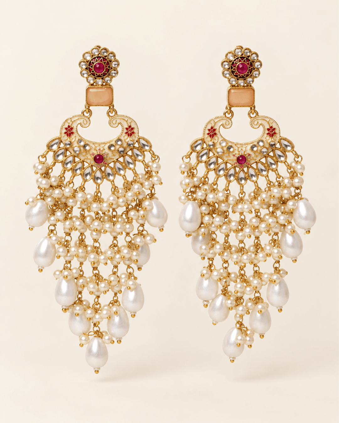 Traditional Kundan-Style Chandbali Earrings with Bead Tassels