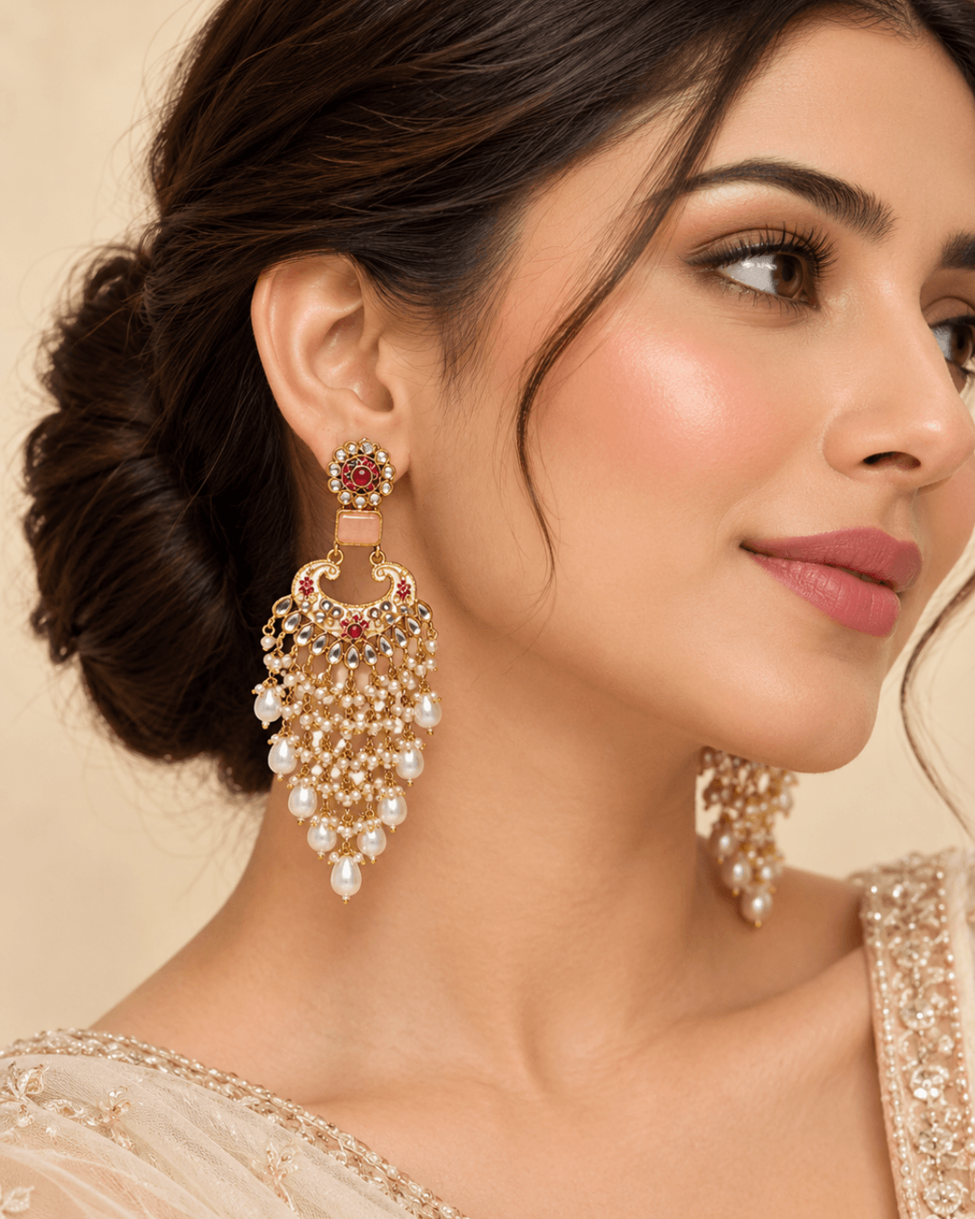 Traditional Kundan-Style Chandbali Earrings with Bead Tassels