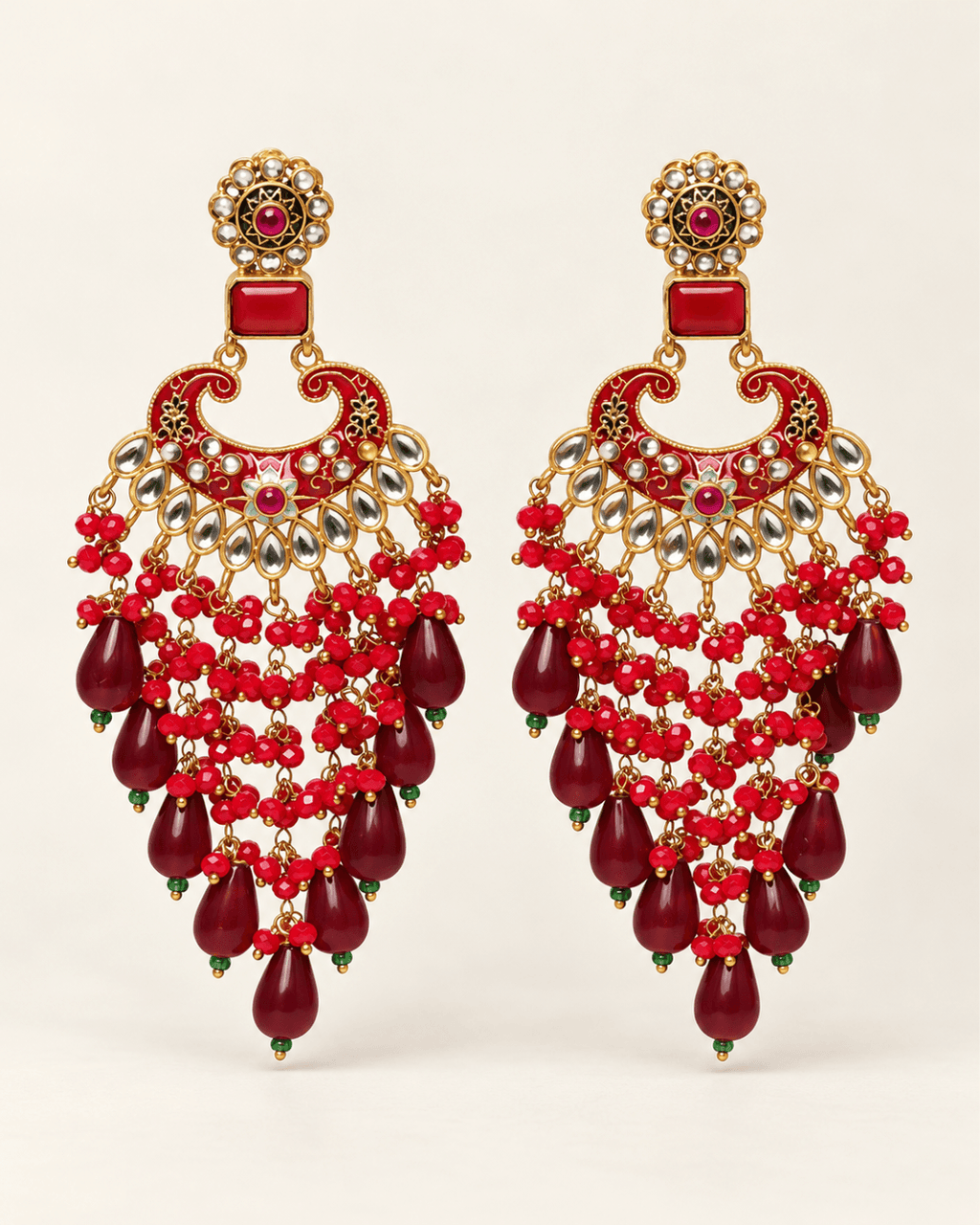 Traditional Kundan-Style Chandbali Earrings with Bead Tassels
