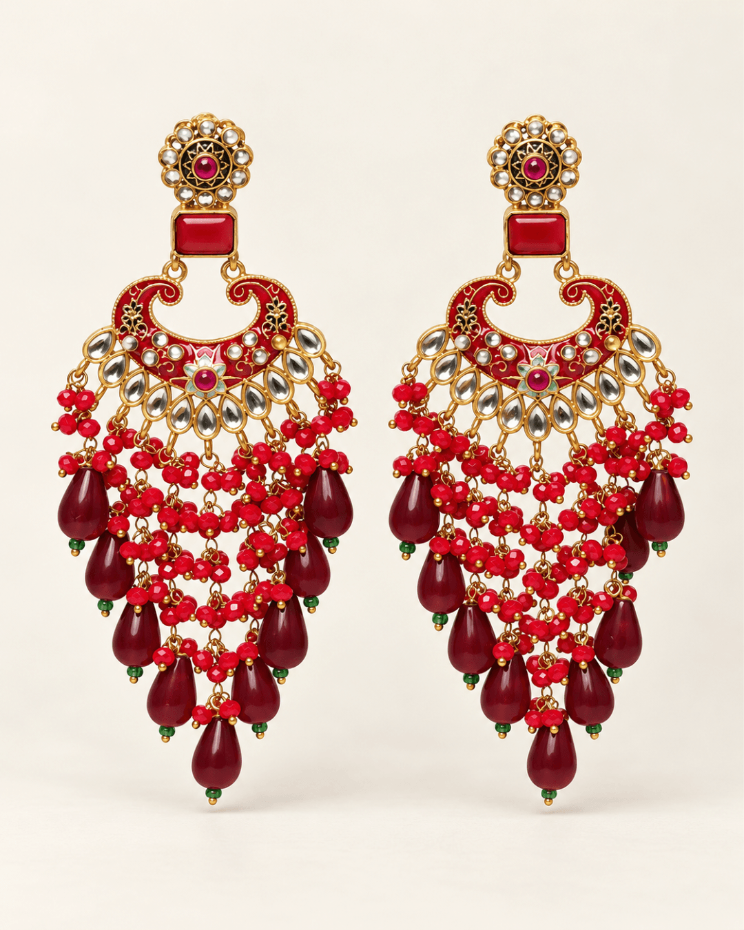 Traditional Kundan-Style Chandbali Earrings with Bead Tassels