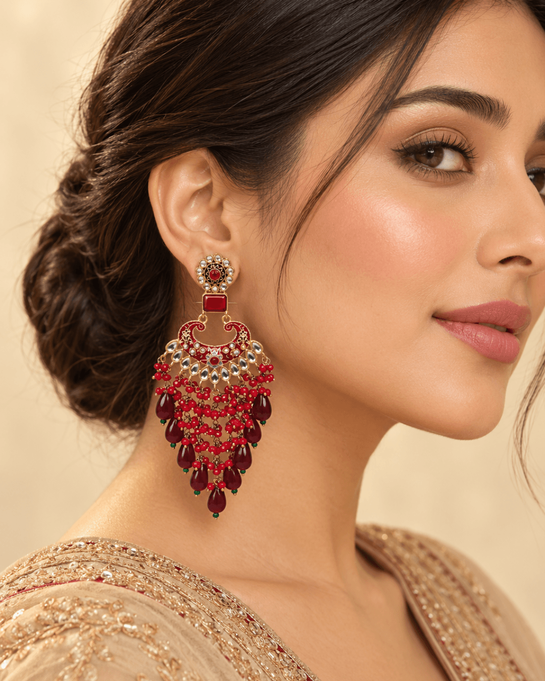 Traditional Kundan-Style Chandbali Earrings with Bead Tassels