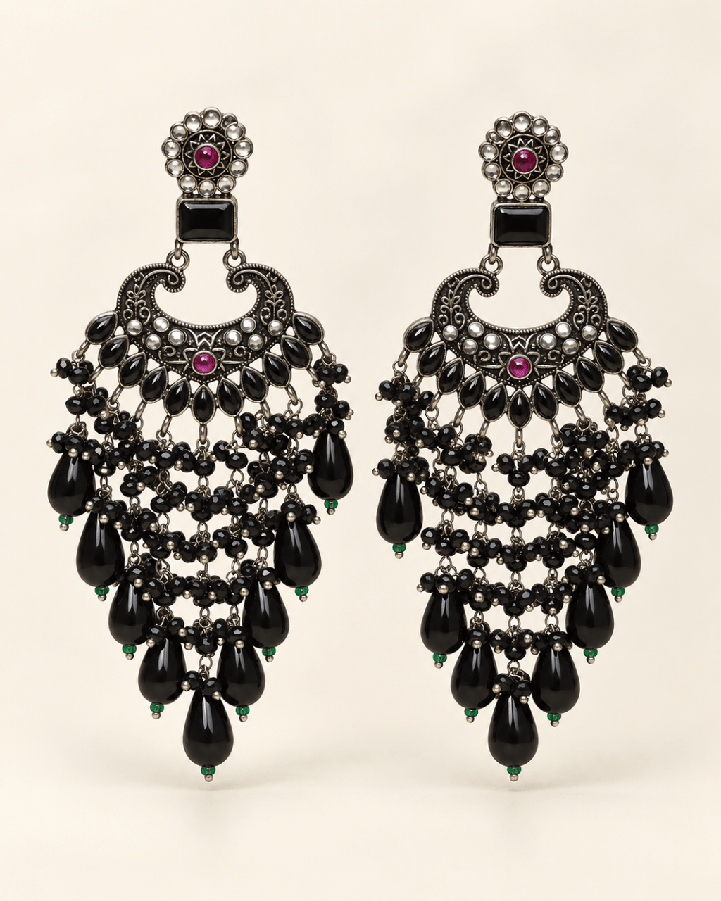 Traditional Kundan-Style Chandbali Earrings with Bead Tassels