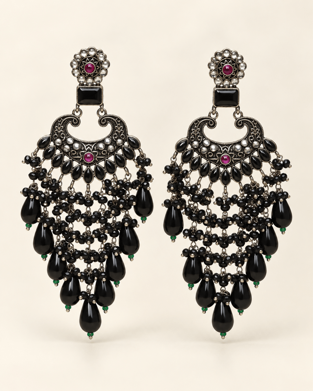 Traditional Kundan-Style Chandbali Earrings with Bead Tassels