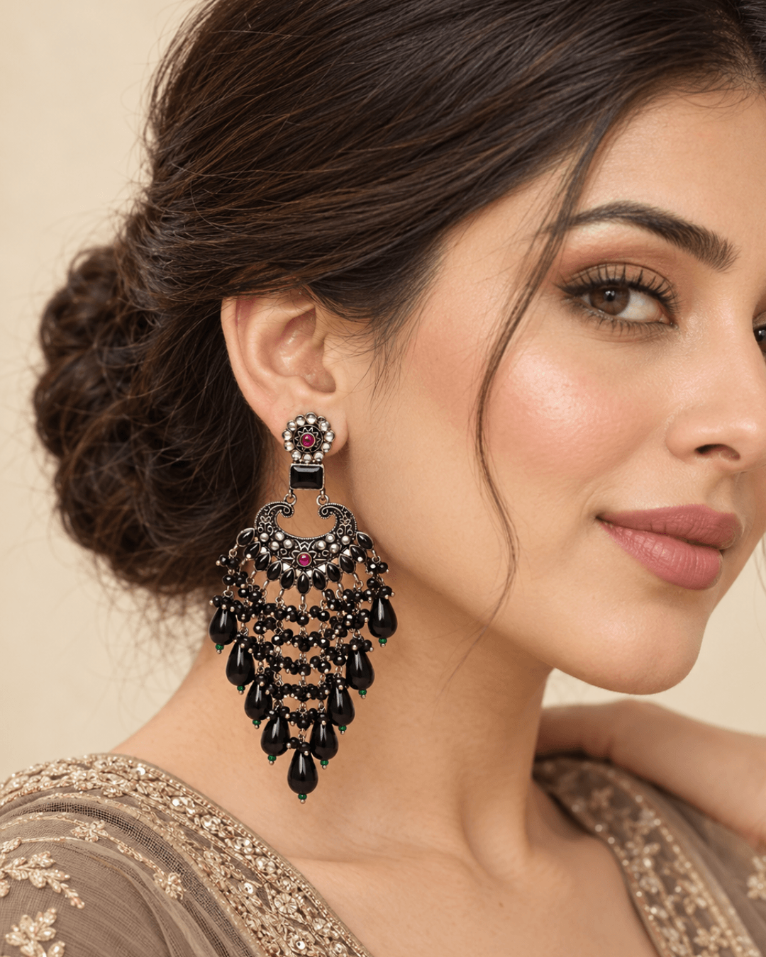 Traditional Kundan-Style Chandbali Earrings with Bead Tassels