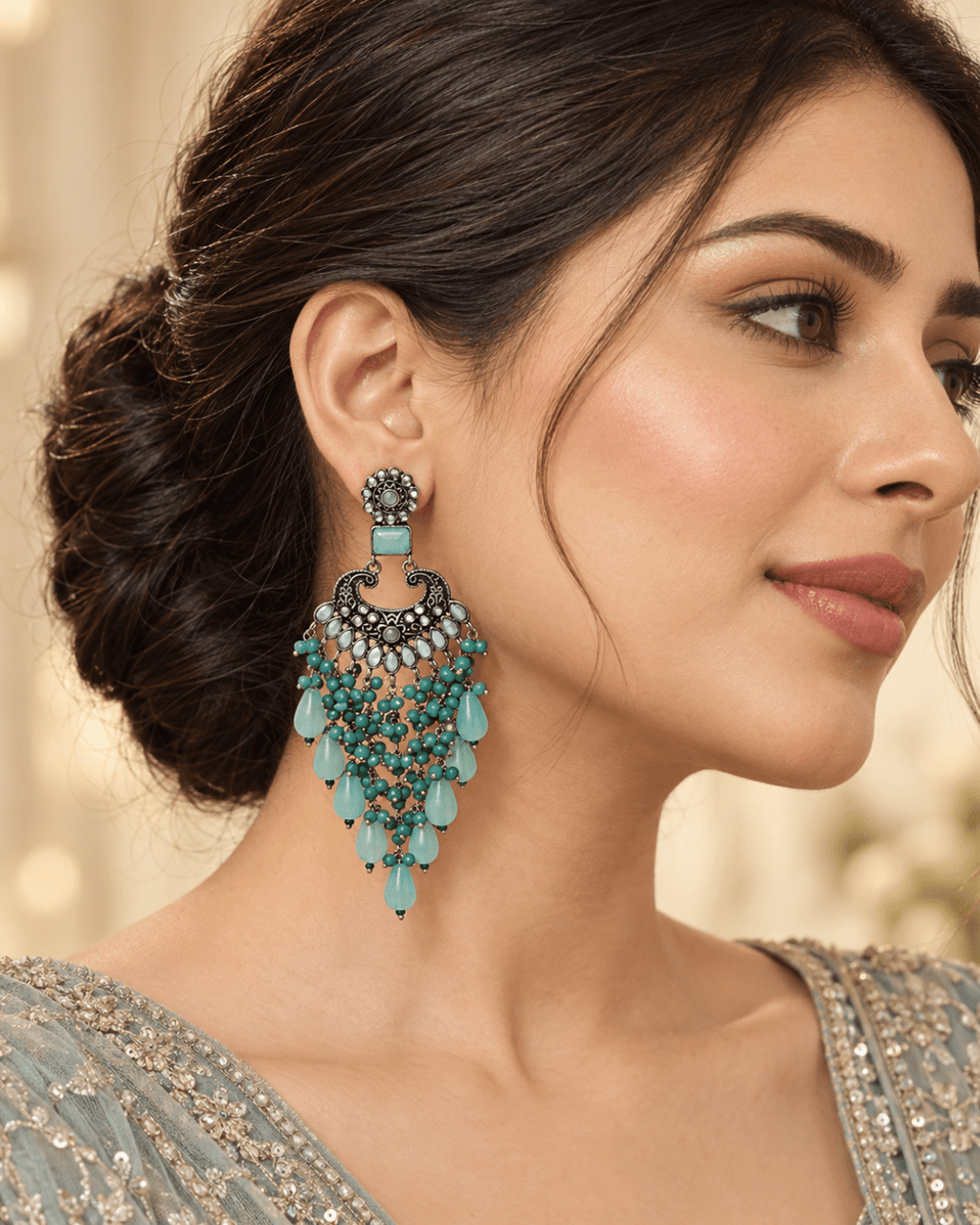Traditional Kundan-Style Chandbali Earrings with Bead Tassels