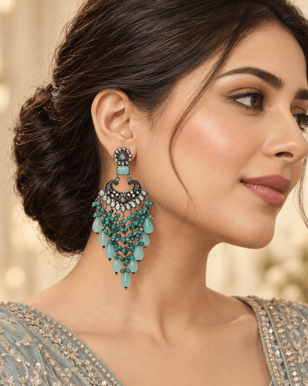 Traditional Kundan-Style Chandbali Earrings with Bead Tassels