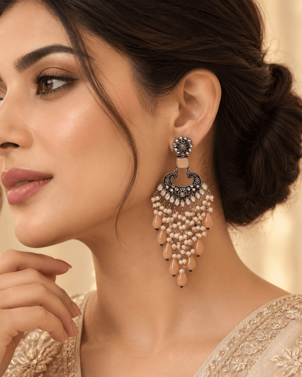 Traditional Kundan-Style Chandbali Earrings with Bead Tassels