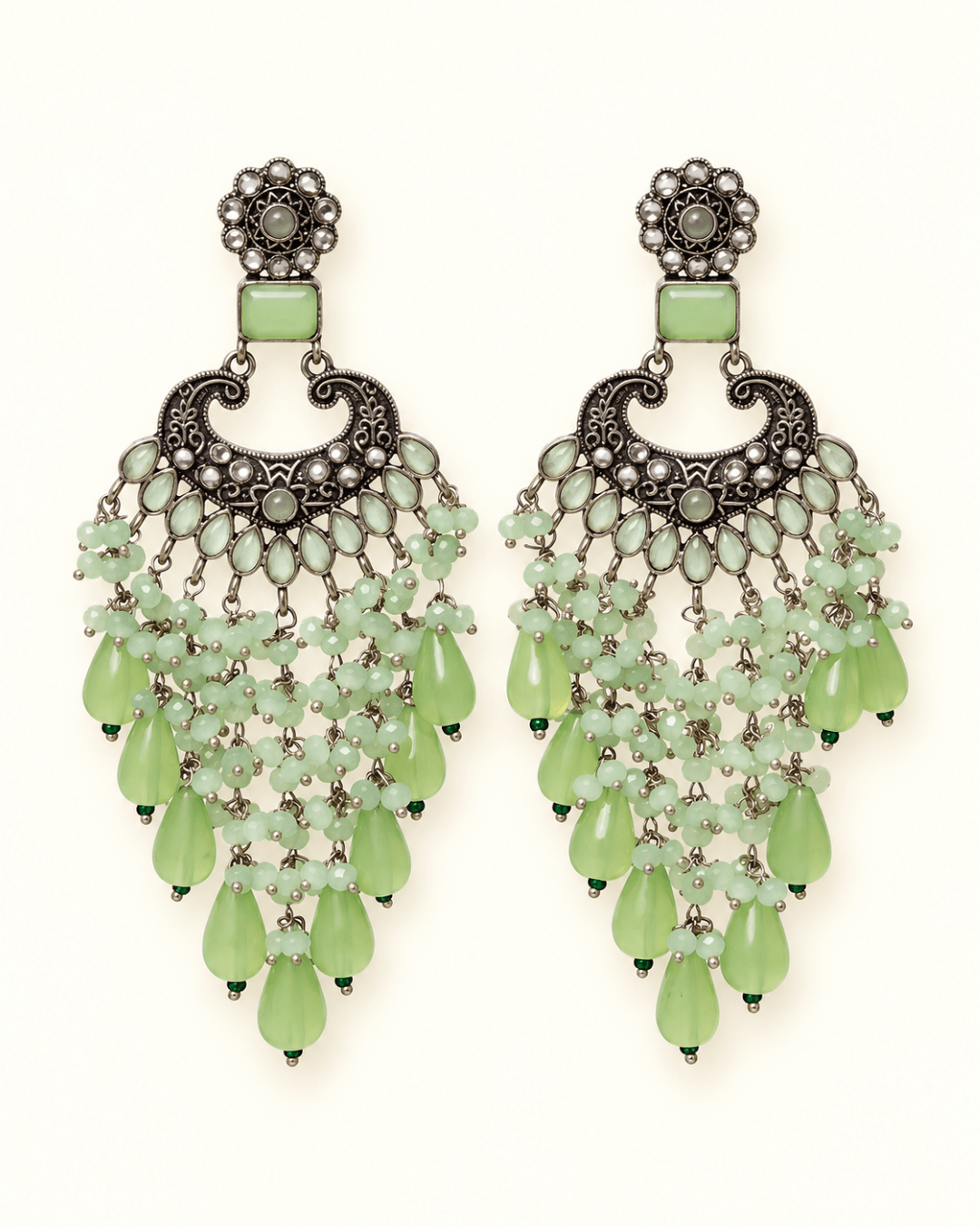 Traditional Kundan-Style Chandbali Earrings with Bead Tassels