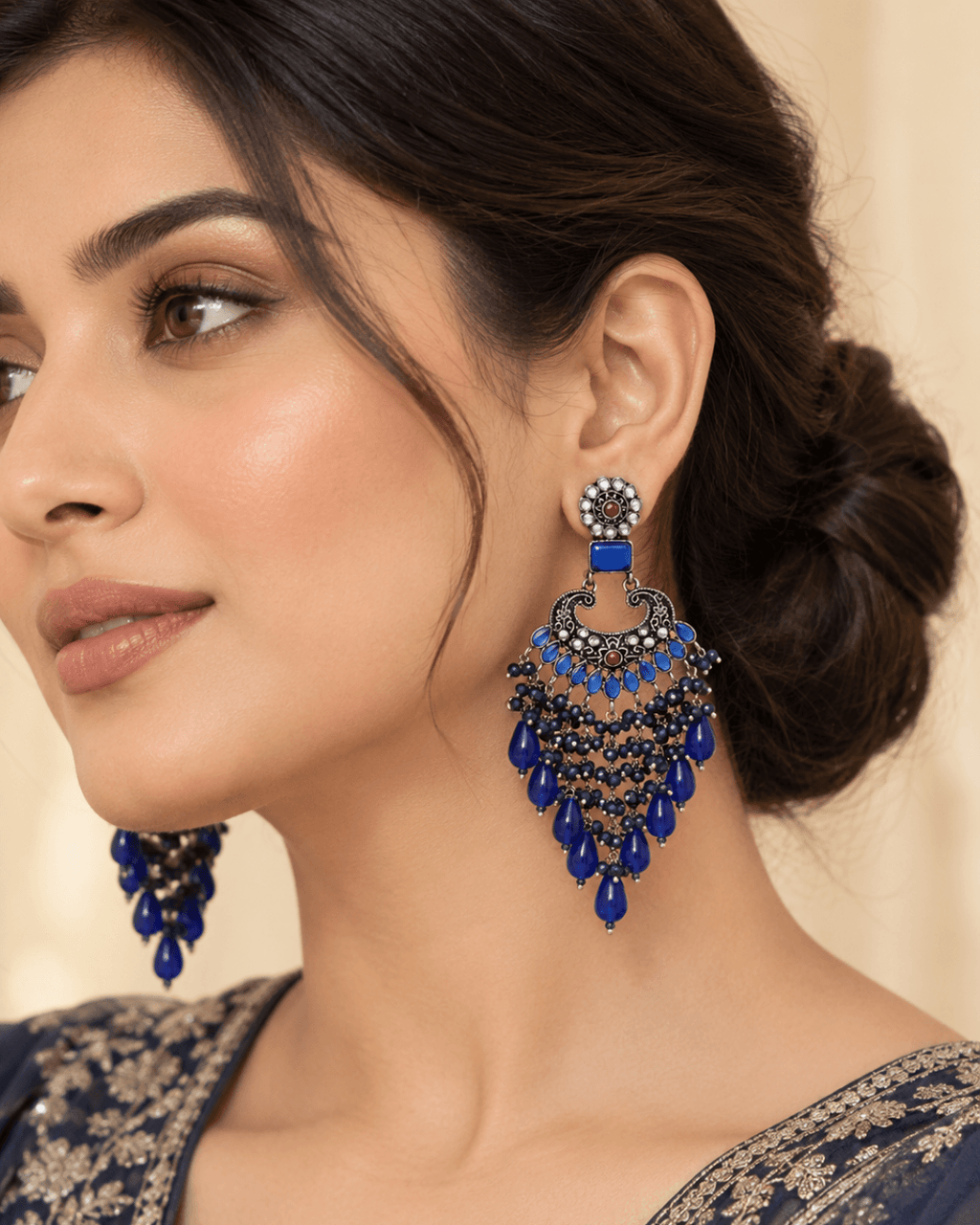 Traditional Kundan-Style Chandbali Earrings with Bead Tassels
