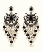 Oxidised Silver-Tone Peacock Chandbali Earrings with Bead Drops