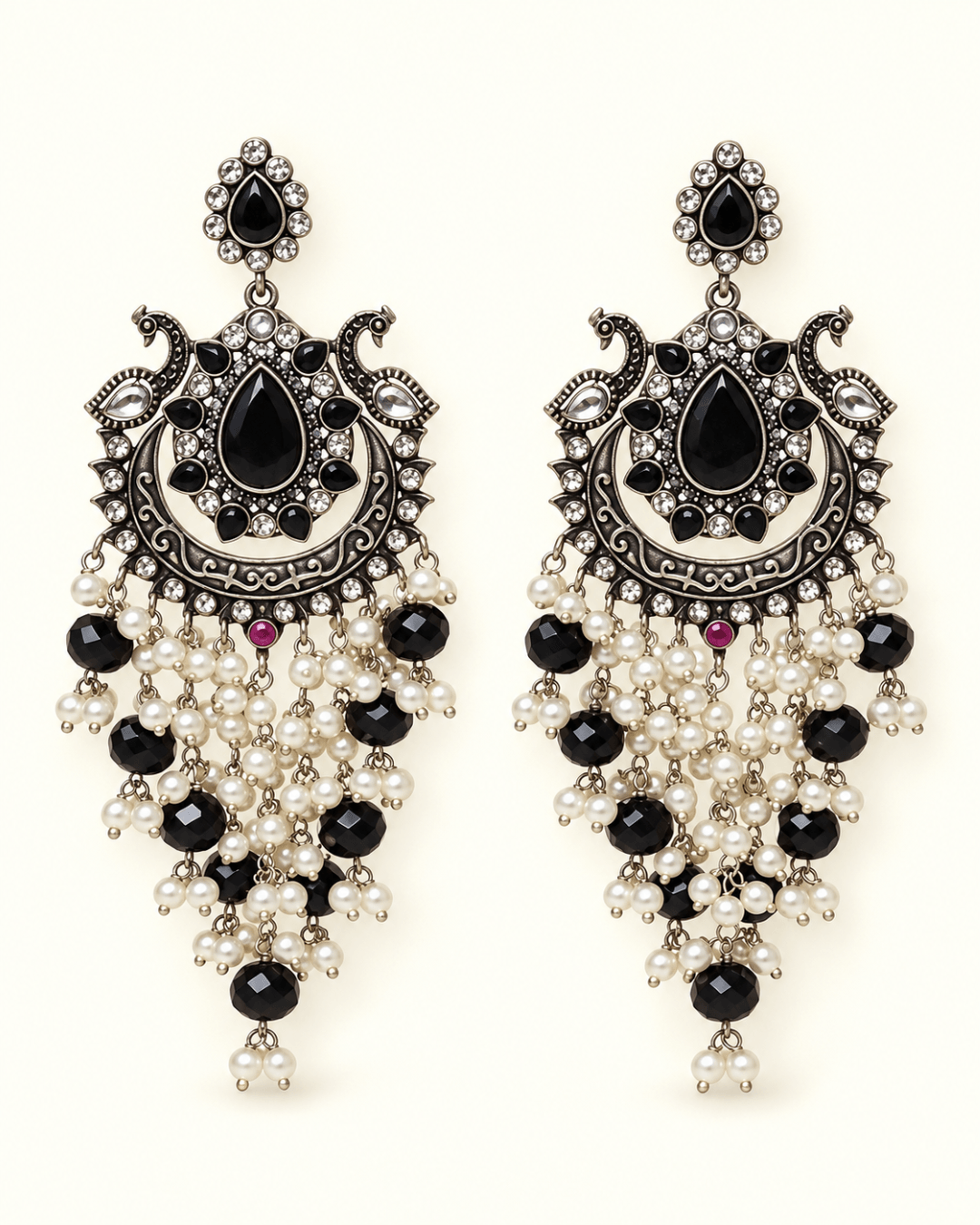 Oxidised Silver-Tone Peacock Chandbali Earrings with Bead Drops