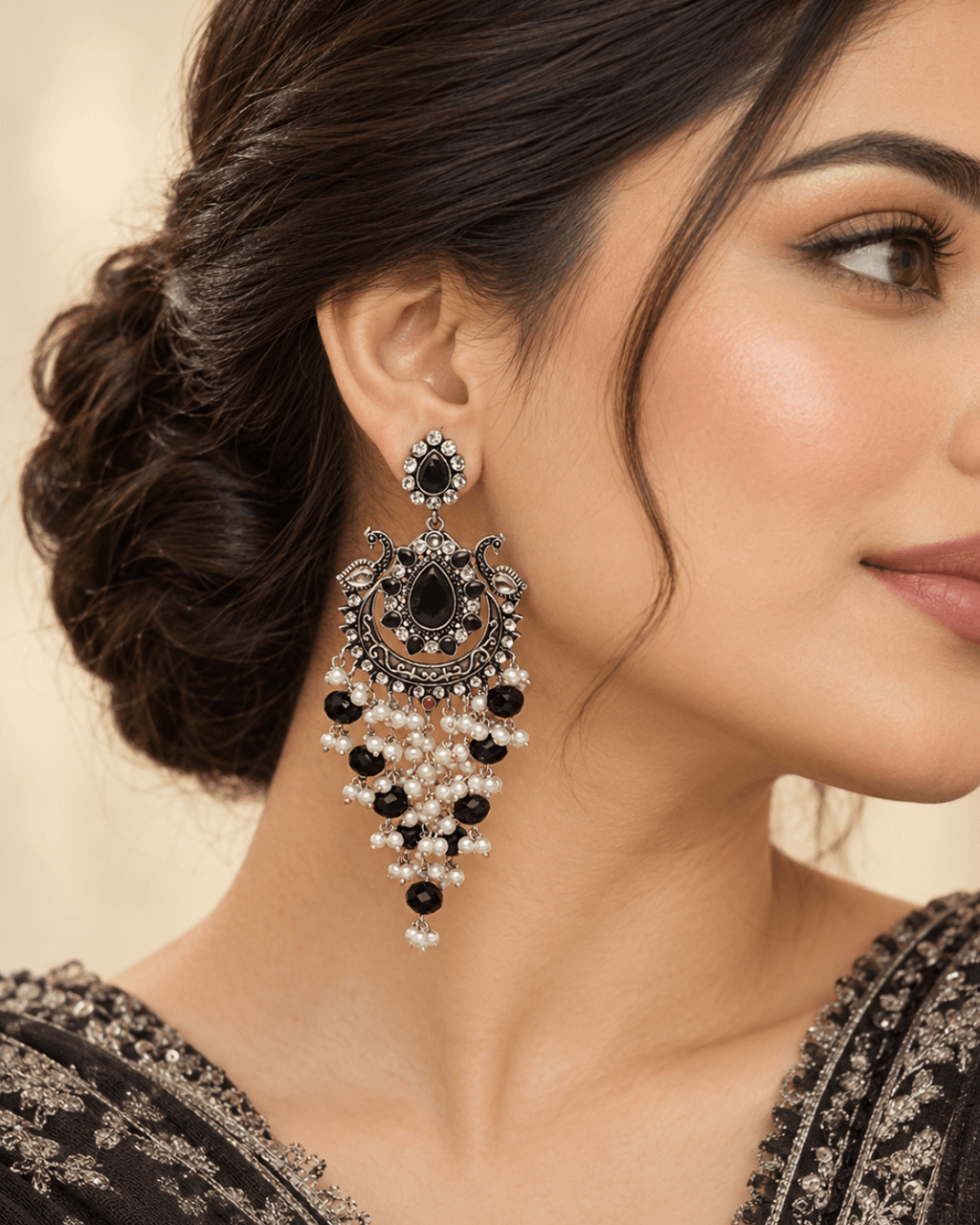 Oxidised Silver-Tone Peacock Chandbali Earrings with Bead Drops